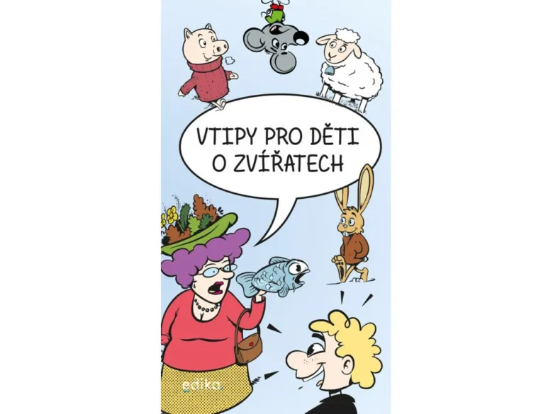 Kreslená kniha s názvem Vtipy pro děti o zvířatech, s postavami zvířat a dětí