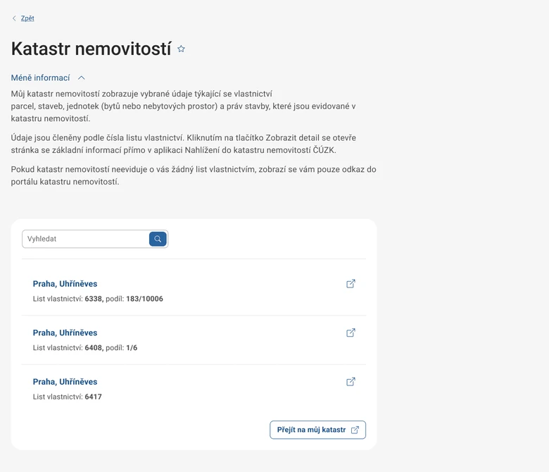 Výsledky vyhledávání v katastru nemovitostí pro Prahu