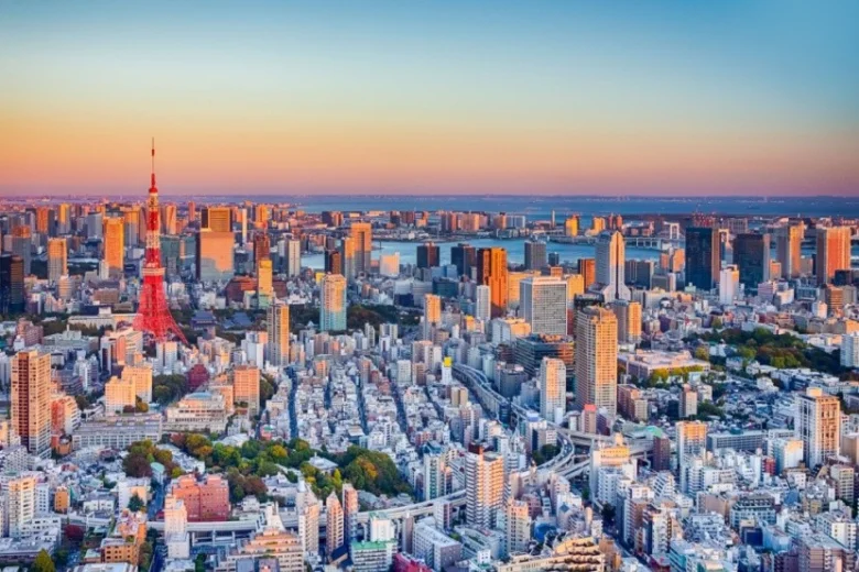 Panoramatický pohled na Tokio s věží Tokyo Tower při západu slunce