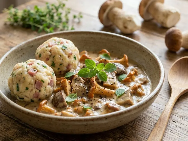 Hot houbové ragů s knedlíky a čerstvou bazalkou.
