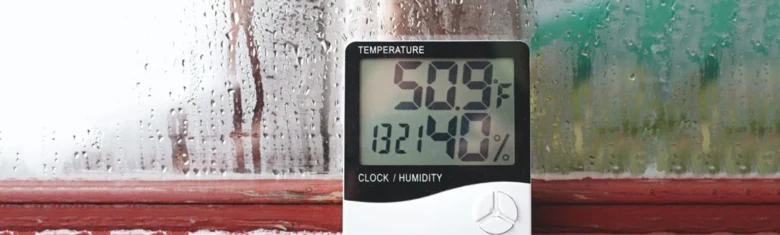 Digitální vlhkoměr ukazuje teplotu 50,9 °F a vlhkost 40 % před deštivým oknem