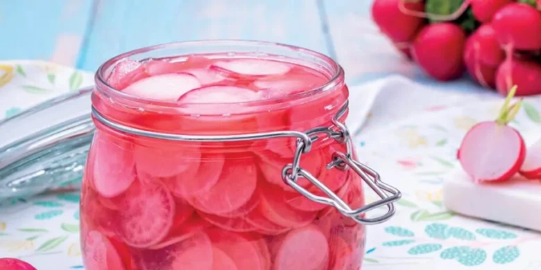 Pickled radishes in jar