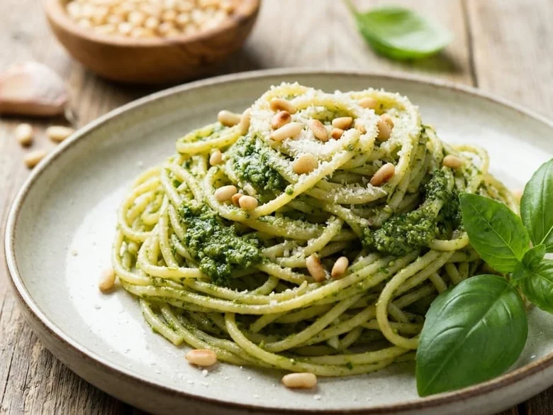 Spaghetti s pestem posypané piniovými oříšky.