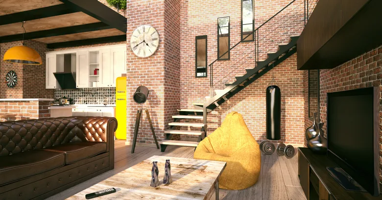 Modern loft byt s hnědým gaučem a žlutou křeslem