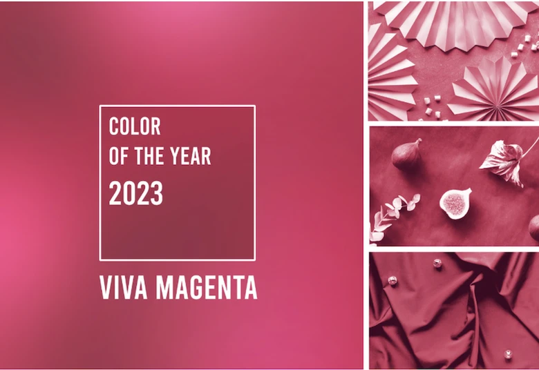 Barva roku 2023: Viva Magenta v interiéru s ovocem a dekoracemi.