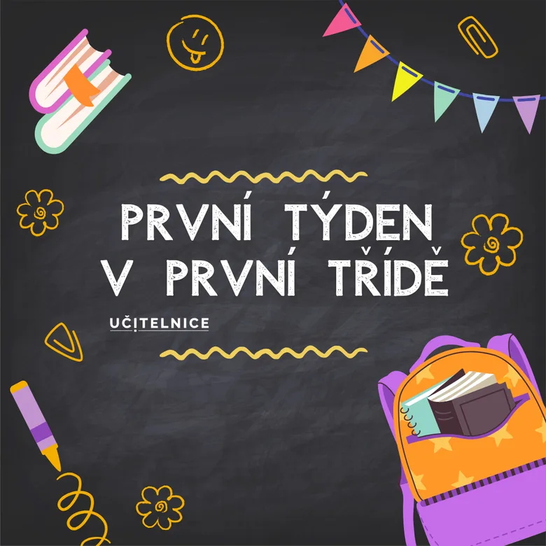 Ilustrace prvního týdne v prvním ročníku školy s batohem a knihami.