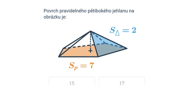 Výpočet povrchu pravidelného pětbokého jehlanu s označenými plochami.