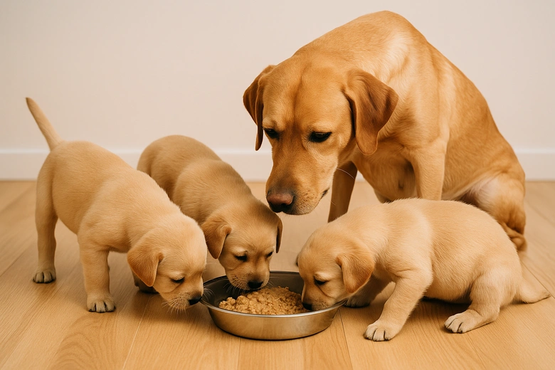 Maminka labradorka s třemi štěňaty jedícími z misky.