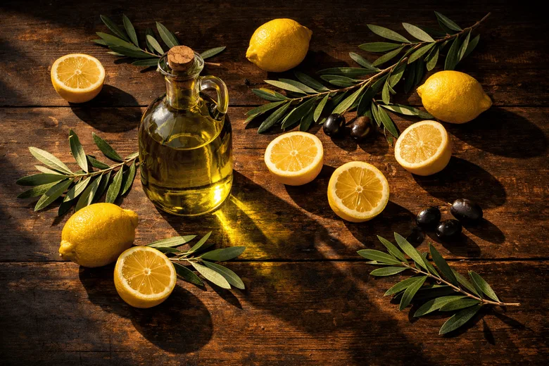 Sklenička s olivovým olejem mezi citrony a větvičkami.