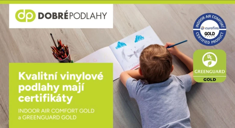 Dítě kreslí na vinylové podlaze s certifikáty pro kvalitu a bezpečnost
