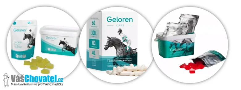 Produkty Geloren pro koně – kolagenové kousky, kapsle a želé