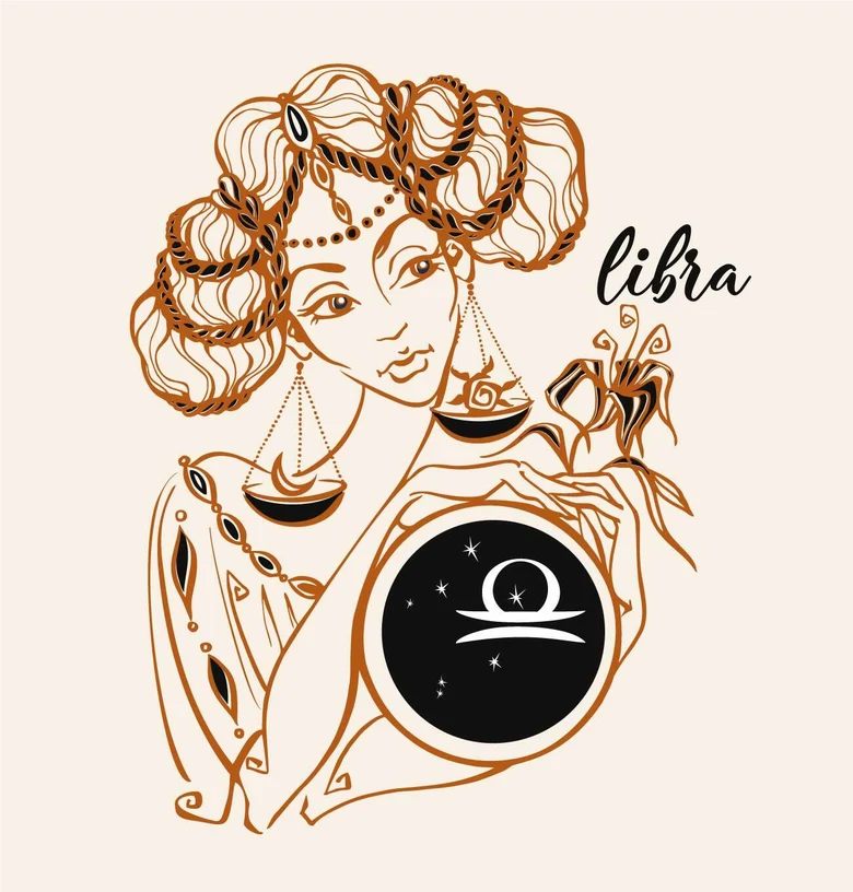 Ilustrace znamení Váhy s váhami a symbolem v rukou.