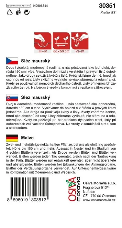 Sáček s semeny slézu maurského a pokyny k pěstování.