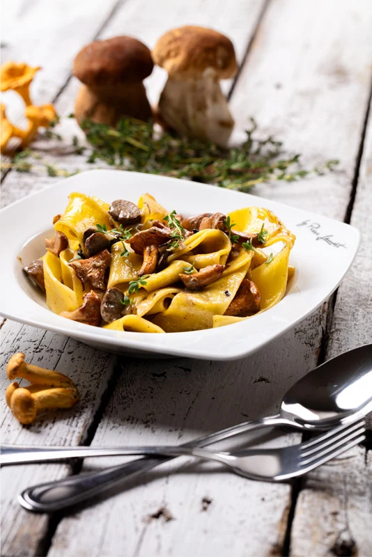 Pasta s houbami na bílém talíři
