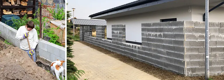Stavební práce na plotu z betonových bloků bez bednění