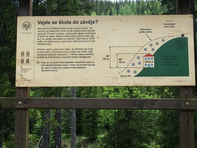 Informační tabule o sněhové situaci v Krkonoších