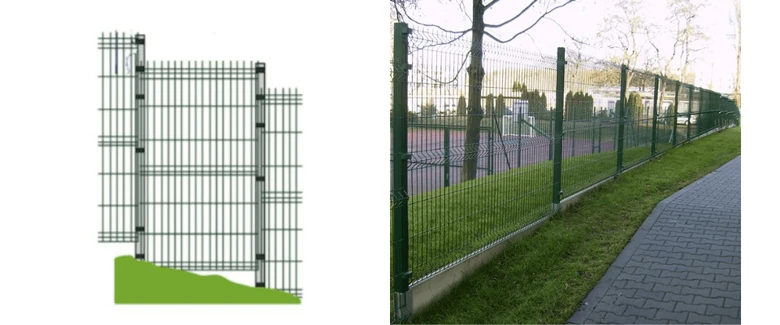 Schéma plotu ve svahu s ukázkou instalace na skloněné trávě.