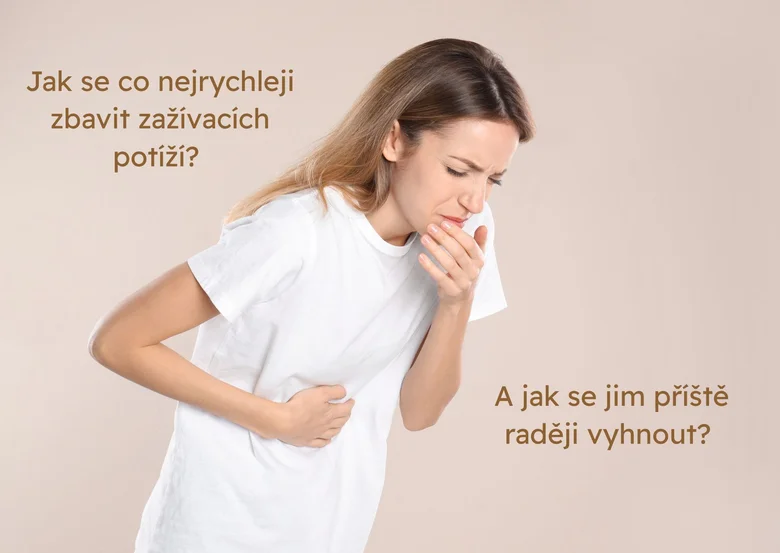 Žena trpící trávicími potížemi s textem o řešení.