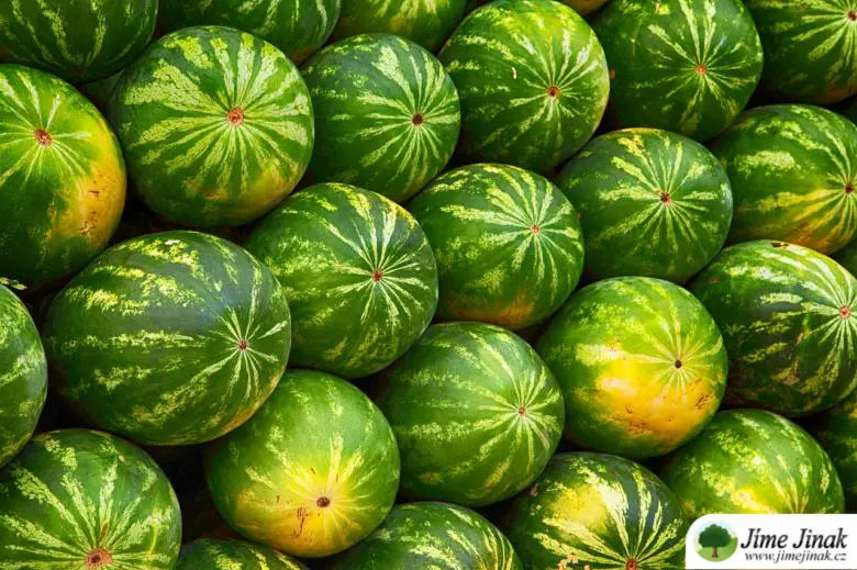 Hromada zelených melounů s pruhy a žlutými skvrnami
