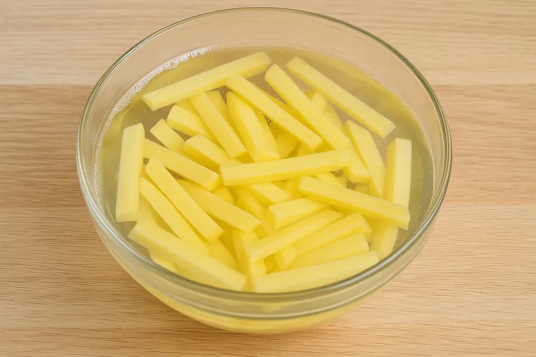 Nakrájené brambory namočené ve vodě před vařením.