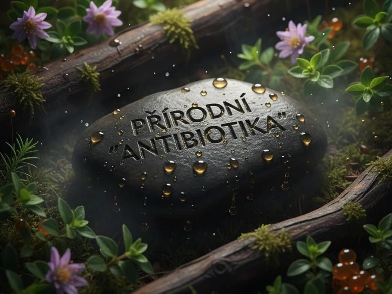 Přírodní antibiotika na kamenu v lesním prostředí s květinami.