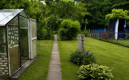 Zahrada s skleníkem na pozadí zelené trávy.