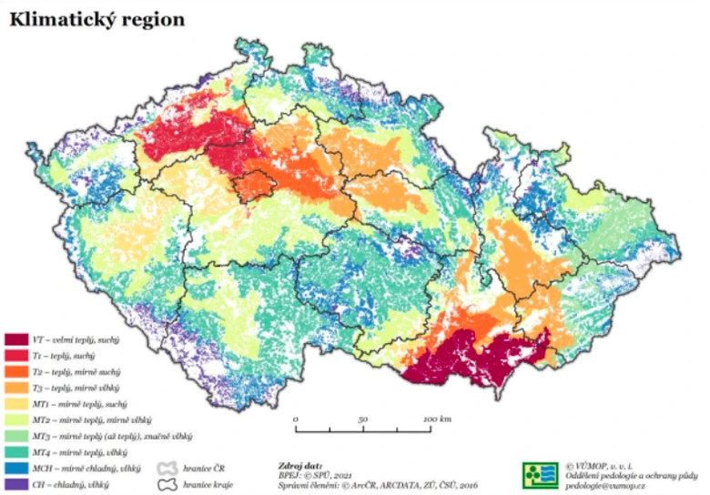 Mapa klimatických oblastí České republiky podle klasifikace BPEJ.