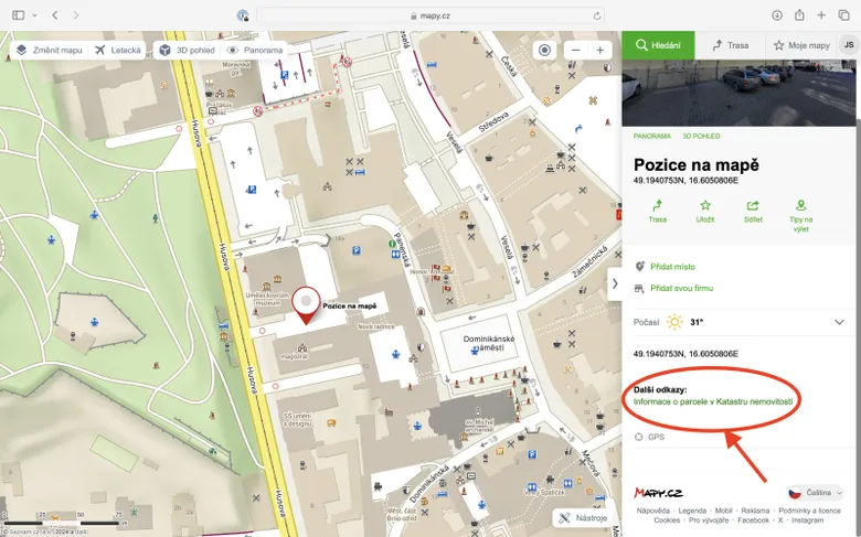 Mapa s odkazem na katastr nemovitostí pro zjištění majitele