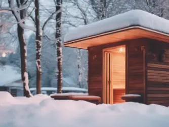 Dřevěná sauna v zimním prostředí s sněhem na střeše.