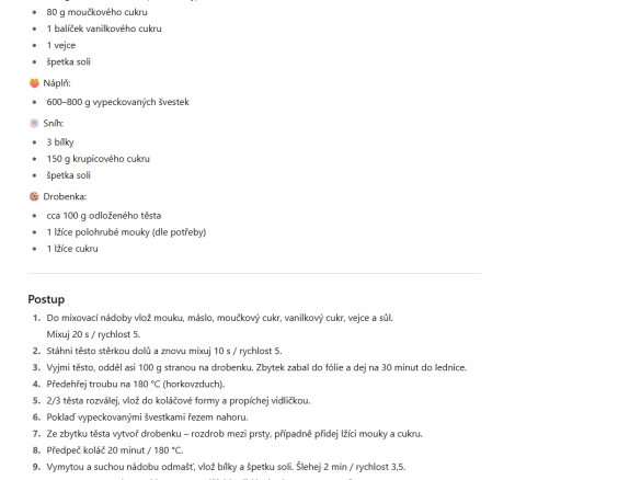 Recept na třívrstvou buchtu s ingrediencemi a postupy.