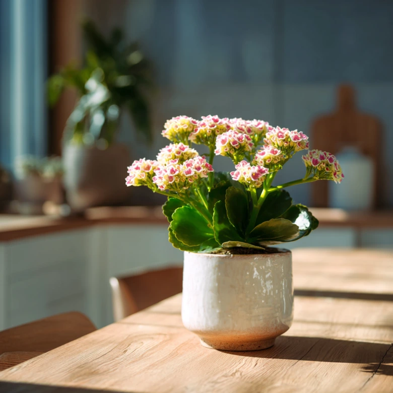 Kalanchoe s růžovými květy v hrnci na dřevěném stole.