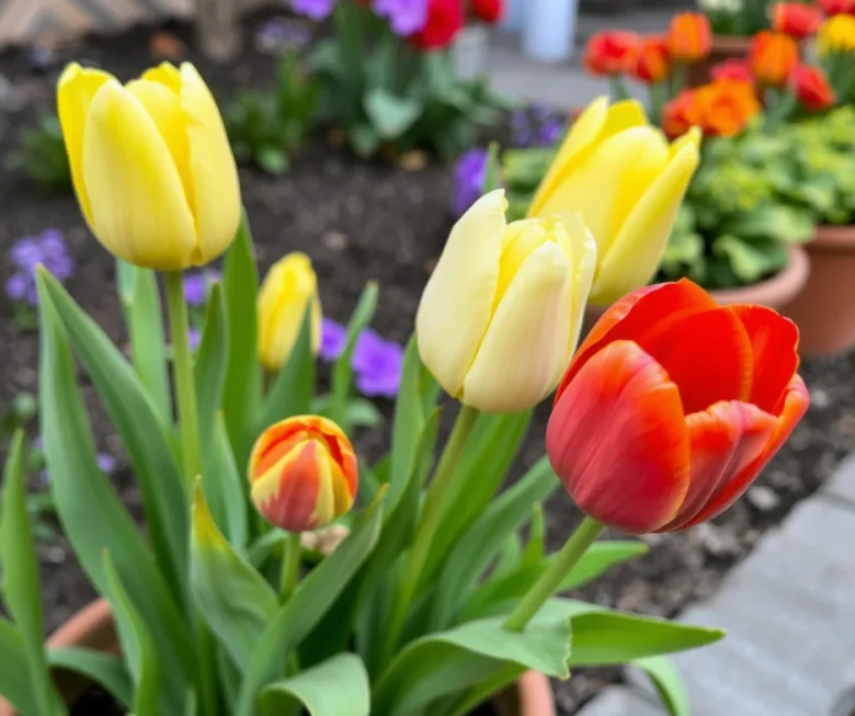 Žluté a červené tulipány v hrncích na zahradě