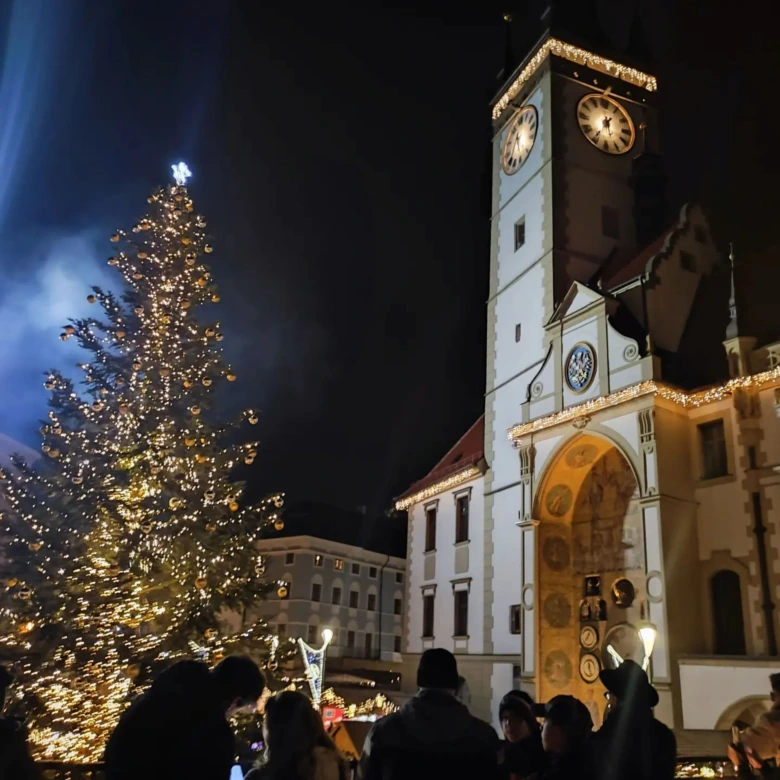 Christmas tree and clock tower at night