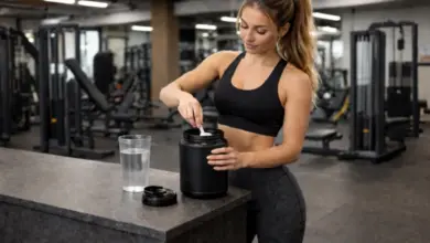 Žena míchá proteinový prášek ve fitcentru.