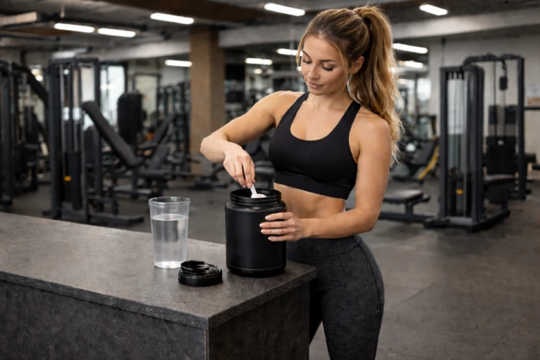 Žena míchá proteinový prášek ve fitcentru.