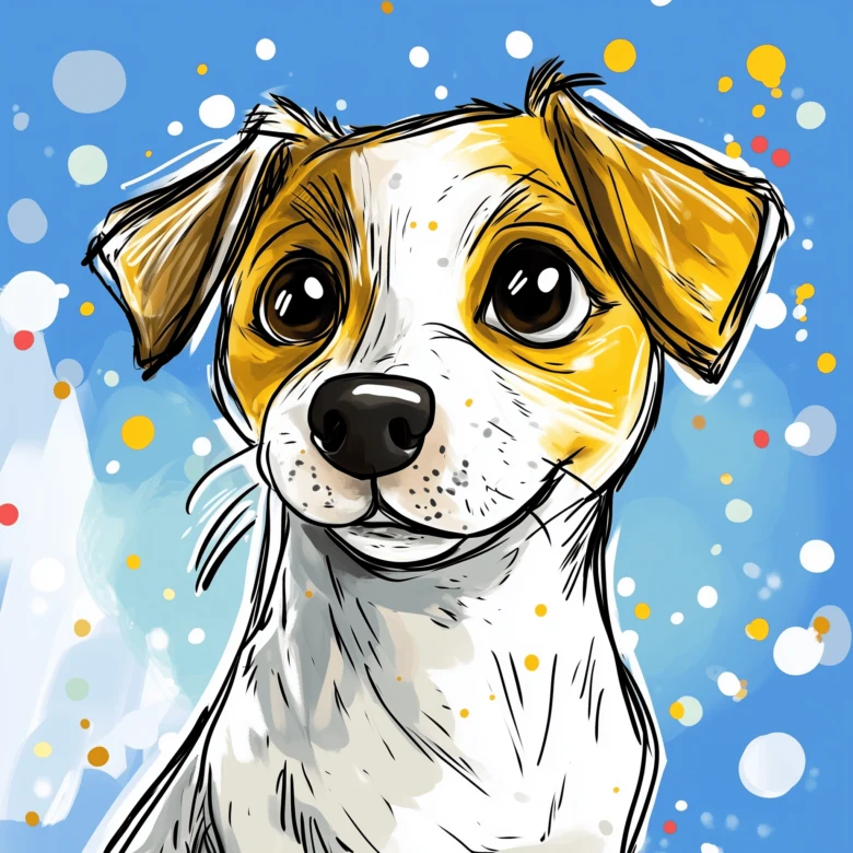 Ilustrace tváře jack russell teriéra s barevným pozadím.