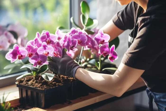 Osoba v rukavicích přesazuje fialovou orchidej na okenním parapetu.