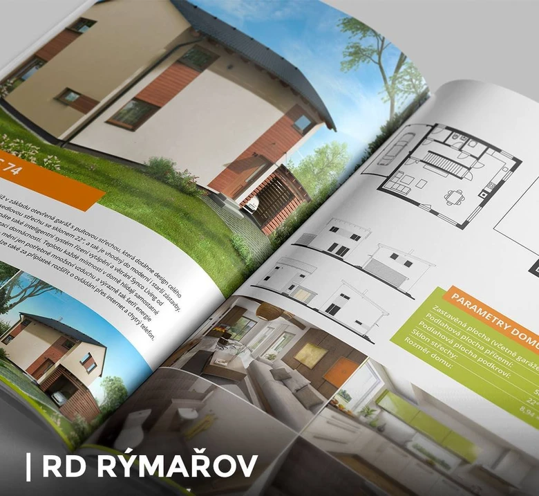 Otevřený katalog s dvoupodlažním domem RD Rýmařov a plány.