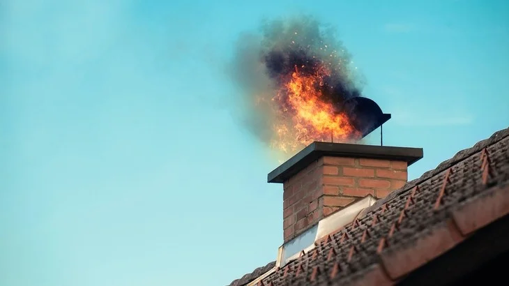 Zapálený komín na střeše ukazuje nebezpečí zanedbané údržby.