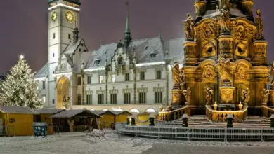 Vánoční trh v olomouckém náměstí s fontánou a budovou radnice.
