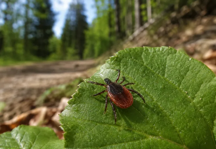 Klíště sedící na zeleném listu v přírodě.