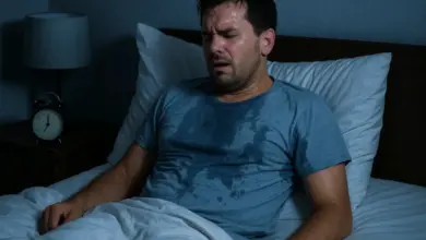 Muž v posteli s pocením na tričku během nočního spánku.