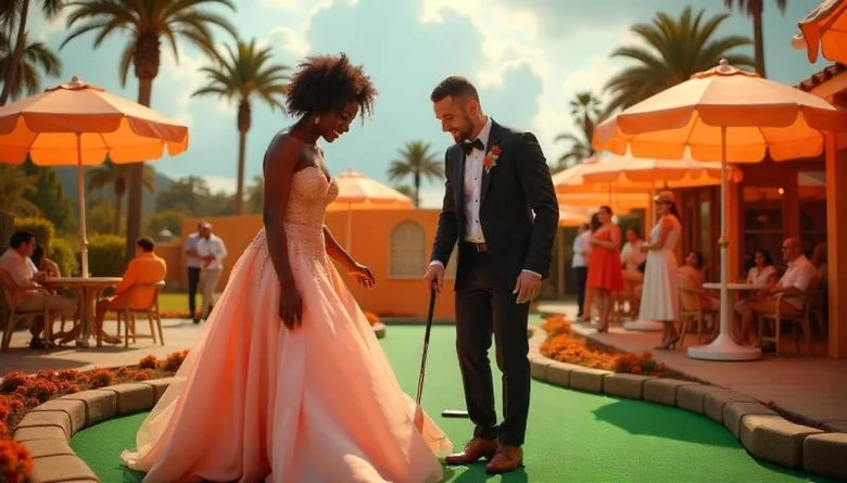 Manželé hrají mini-golf na svatbě s hosty.