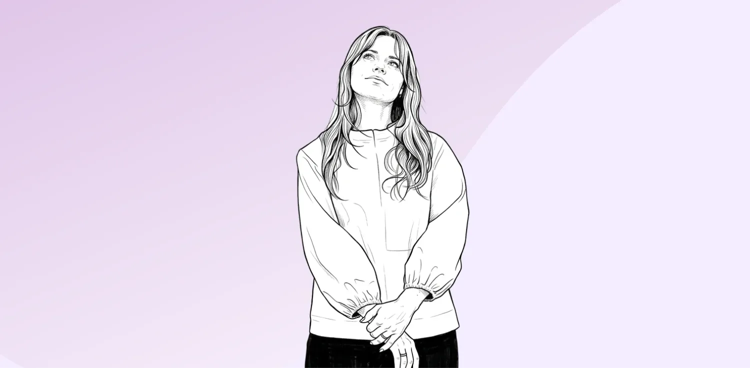 Žena v kresbě hledí nahoru s důvěrou.