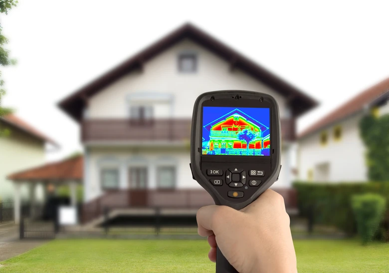 Termokamera ukazuje tepelné ztráty na fasádě domu pro kontrolu izolace.